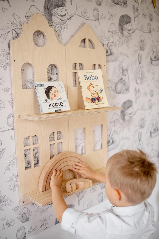 Dětská dřevěná knihovna ve tvaru domečku M - Vivawood - montessori dřevěné hračky